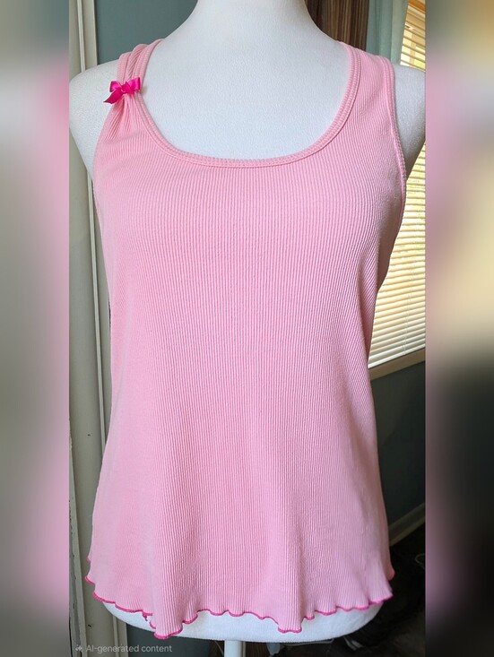 Betsey Johnson Tops - Betsey Johnson Betseyville Ribbed Tank w/ Lettuce Hem Womens M Pink Bow Deatil
